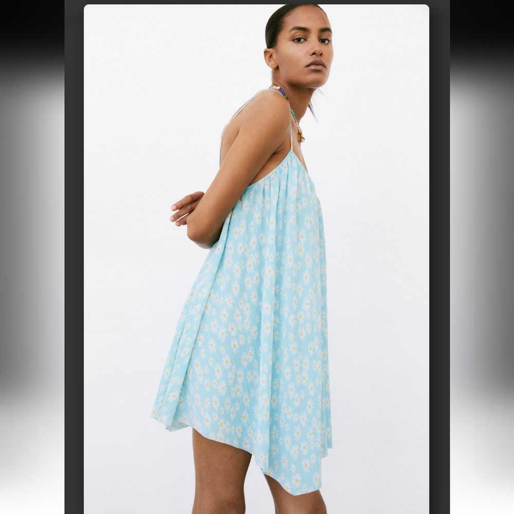 Zara Pleated Babydoll Dress Size Medium Spaghetti Straps With Daisy Print - Picture 4 of 15